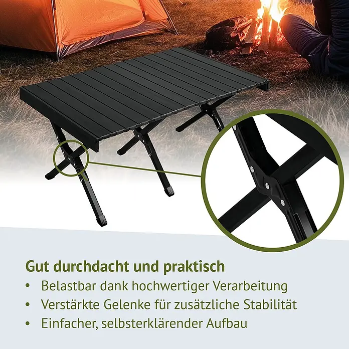 SVITA Campingtisch - L x B x H: 60 x 119 x 44,5 cm, Schwarz - Schwarzer faltbarer Campingtisch mit verstärkten Gelenken, in Campingumgebung gezeigt.