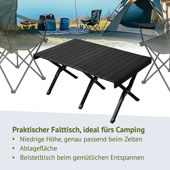 SVITA Campingtisch - L x B x H: 60 x 119 x 44,5 cm, Schwarz - Praktischer schwarzer Campingtisch mit faltbaren Beinen, vor einer Campinglandschaft.