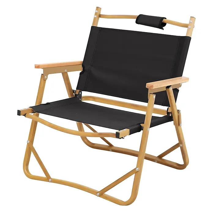SVITA Campingstuhl - 1 Stk., Aluminium in Holzoptik, Klappbar, Schwarz, B x T x H: 55 x 53 x 61 cm - Ein schwarzer Klappstuhl aus Stoff mit hellbraunem Rahmen und Holzarmlehnen.
