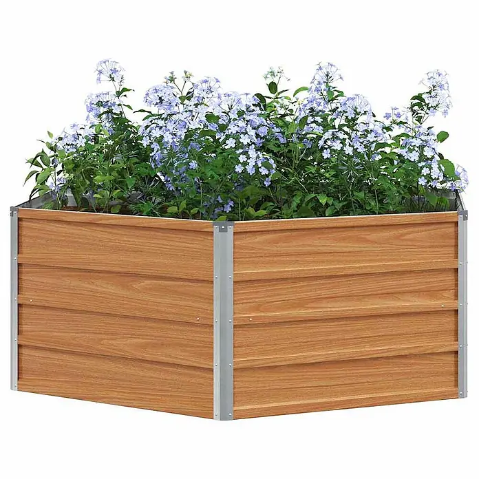 Furnicato Hochbeet verzinkter Stahl - 129 x 129 x 45 cm, Stahl, Holzoptik - Sechseckiges Hochbeet mit Holzoptik-Platten und Metallecken, gefüllt mit hellblauen Blumen.