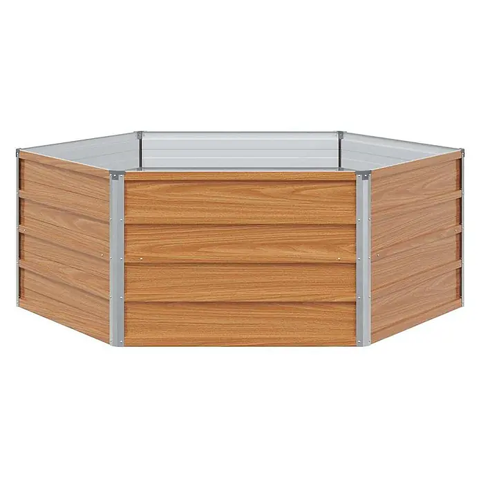 Furnicato Hochbeet verzinkter Stahl - 129 x 129 x 45 cm, Stahl, Holzoptik - Sechseckiges Hochbeet mit Holzoptik-Paneelen und silbernem Metallrahmen.