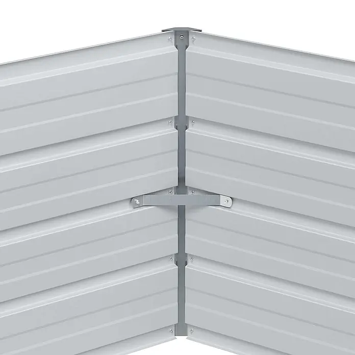 Furnicato Hochbeet verzinkter Stahl - 129 x 129 x 45 cm, Stahl, Holzoptik - Ecke eines grauen Metall-Hochbeets mit horizontalen Wellblechpaneelen, verbunden durch eine vertikale Stütze und eine horizontale Strebe.