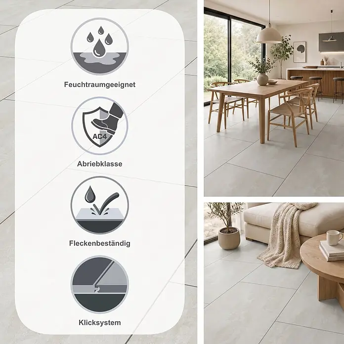 LOGOCLIC Ceramico Laminat - Bright Powder, 638 x 330 x 8 mm - Helle, großformatige Fliesen in Wohnräumen, die Feuchtraumeignung, Abriebklasse AC4, Allergikerfreundlichkeit und Fleckenbeständigkeit hervorheben.