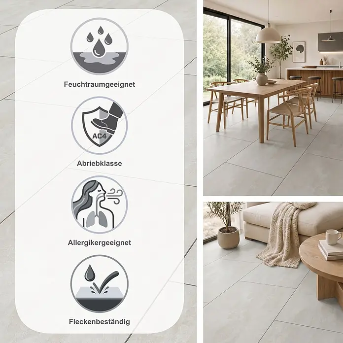 LOGOCLIC Ceramico Laminat - Bright Powder, 638 x 330 x 8 mm - Helle, großformatige Fliesen in Wohnräumen, die Feuchtraumeignung, Abriebklasse AC4, Allergikerfreundlichkeit und Fleckenbeständigkeit hervorheben.