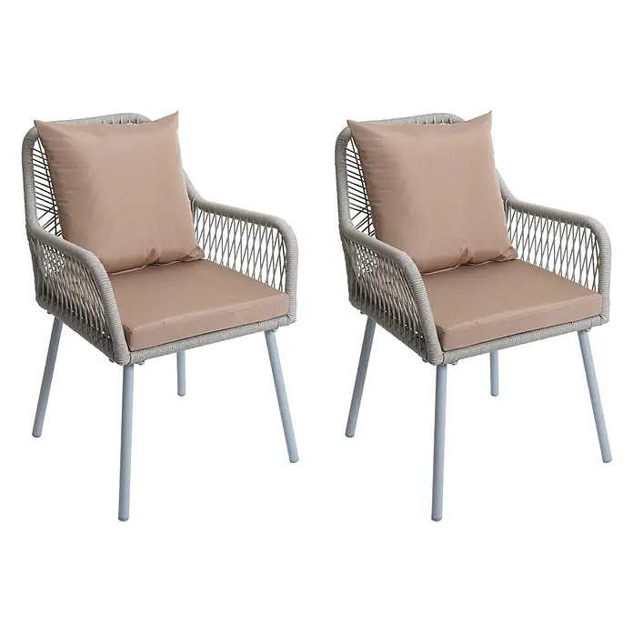 Proregal Gartenstuhl-Set - 2 Stk., Aluminium, Grau - Zwei hellgraue Outdoor-Stühle mit beigen Kissen und Metallbeinen.