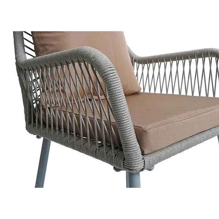 Proregal Gartenstuhl-Set - 2 Stk., Aluminium, Grau - Grauer geflochtener Sessel mit braunen Kissen für bequemes Sitzen im Freien.