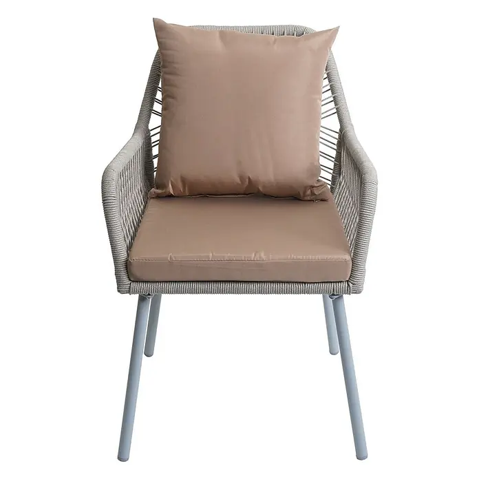 Proregal Gartenstuhl-Set - 2 Stk., Aluminium, Grau - Grauer Flechtseil-Sessel mit braunen Sitz- und Rückenkissen auf hellblauen Metallbeinen.