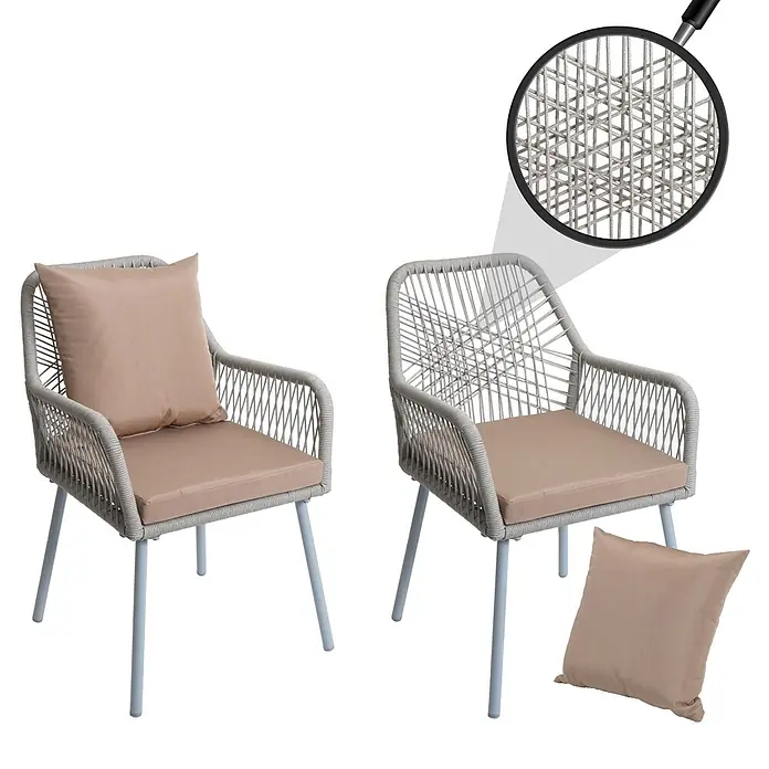 Proregal Gartenstuhl-Set - 2 Stk., Aluminium, Grau - Zwei hellgraue Gartenstühle aus geflochtenem Seil mit hellbraunen Kissen, einer mit Rückenpolster.