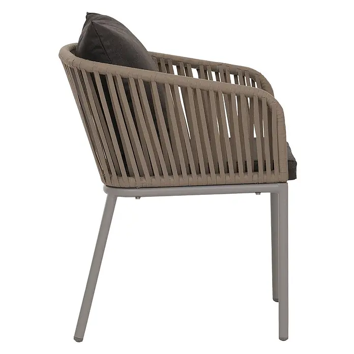 Proregal Gartenstuhl-Set - 2 Stk., Aluminium, Grau - Seitenansicht eines modernen Outdoor-Stuhls mit beigem Seilgeflecht und dunkelgrauen Kissen auf hellgrauen Metallbeinen.