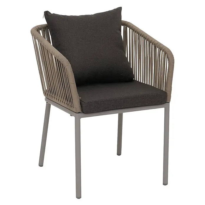 Proregal Gartenstuhl-Set - 2 Stk., Aluminium, Grau - Sessel mit grau geflochtener Rückenlehne und Armlehnen, dunkelgrauen Kissen und hellgrauem Metallgestell.