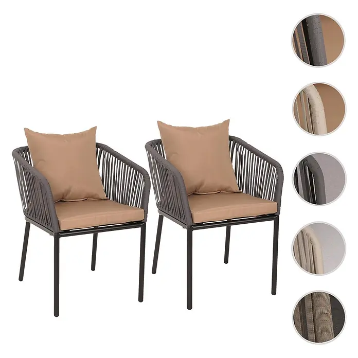 Proregal Gartenstuhl-Set - 2 Stk., Aluminium, Anthrazit - Zwei dunkelgraue Outdoor-Stühle aus geflochtenem Seil mit schwarzen Metallrahmen und hellbraunen Kissen.