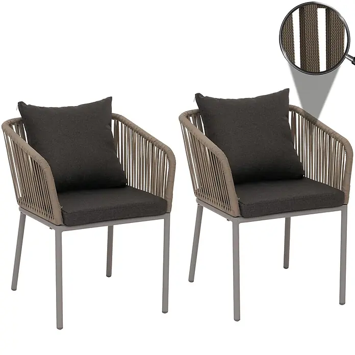 Proregal Gartenstuhl-Set - 2 Stk., Aluminium, Grau - Zwei Outdoor-Stühle mit hellbraunen geflochtenen Seilrücken und Armlehnen, dunkelgrauen Kissen und hellgrauen Metallgestellen, die die gewebte Textur hervorheben.