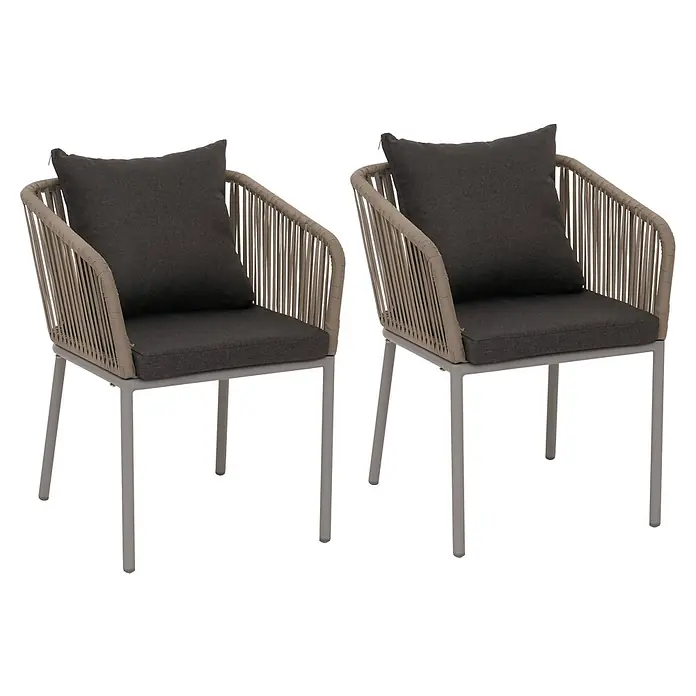 Proregal Gartenstuhl-Set - 2 Stk., Aluminium, Grau - Zwei Outdoor-Stühle mit grauen Gestellen, beigem Seilgeflecht an Rückenlehne/Armlehnen und dunkelgrauen Kissen.