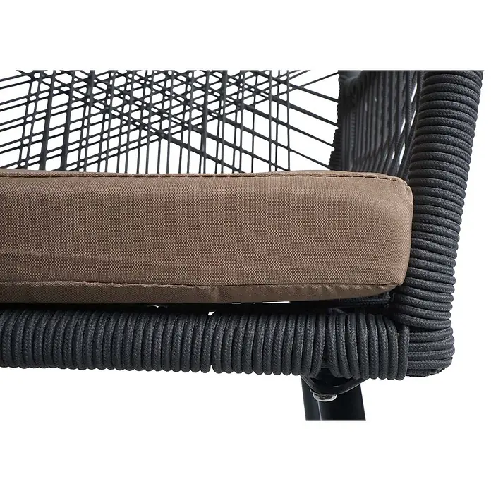 Proregal Gartenstuhl-Set - 2 Stk., Aluminium, Anthrazit - Braunes Stoffkissen auf einem dunkelgrauen Outdoor-Stuhl aus geflochtenem Seil.