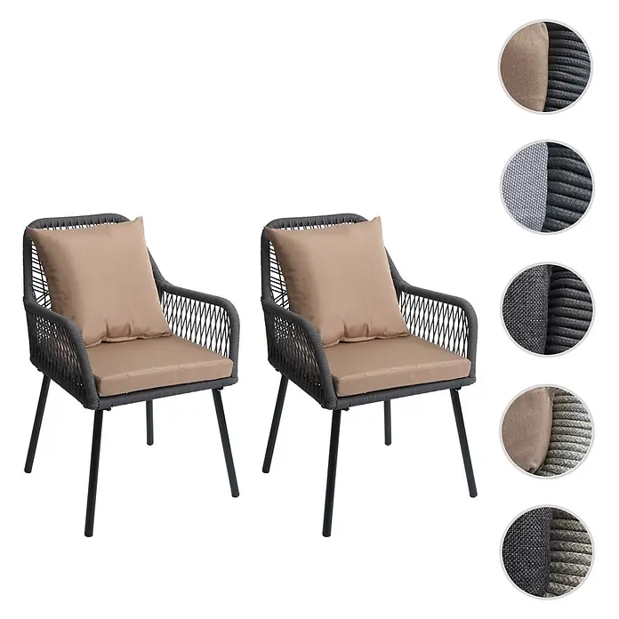 Proregal Gartenstuhl-Set - 2 Stk., Aluminium, Grau - Zwei dunkelgraue geflochtene Seil-Gartenstühle mit beigen Stoffkissen.