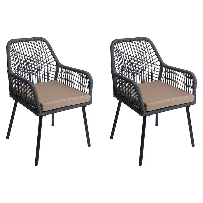 Proregal Gartenstuhl-Set - 2 Stk., Aluminium, Anthrazit - Zwei graue geflochtene Outdoor-Esszimmerstühle mit schwarzen Metallbeinen und beigefarbenen Sitzkissen.