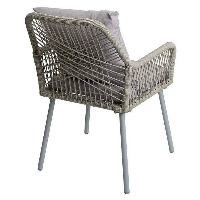 Proregal Gartenstuhl-Set - 2 Stk., Aluminium, Grau - Grauer Sessel aus geflochtenem Seil mit hellgrauen Kissen und Metallbeinen.