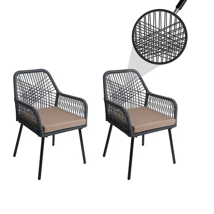 Proregal Gartenstuhl-Set - 2 Stk., Aluminium, Anthrazit - Zwei dunkelgraue Outdoor-Stühle mit geflochtenem Seil und beigen Sitzkissen auf schwarzen Metallbeinen.