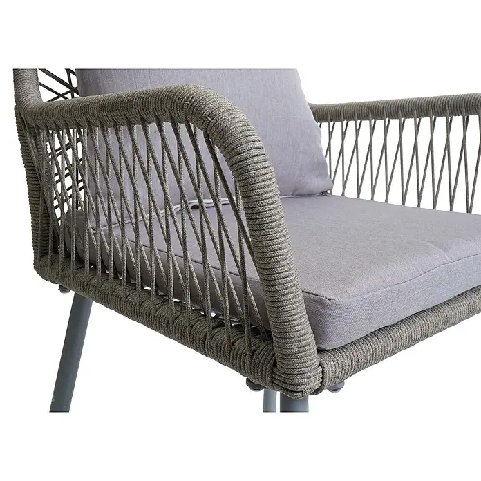 Proregal Gartenstuhl-Set - 2 Stk., Aluminium, Grau - Nahaufnahme eines grauen Seil-geflechtenen Sessels mit hellgrauen Kissen.