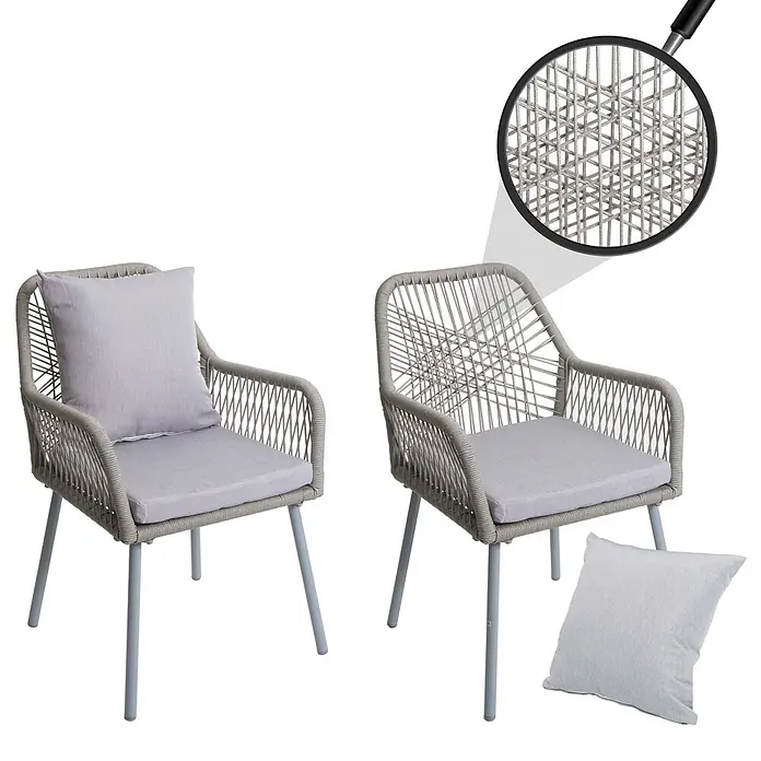 Proregal Gartenstuhl-Set - 2 Stk., Aluminium, Grau - Zwei hellgraue Outdoor-Sessel mit geflochtenem Seildesign und passenden Kissen, einer mit Rückenkissen.
