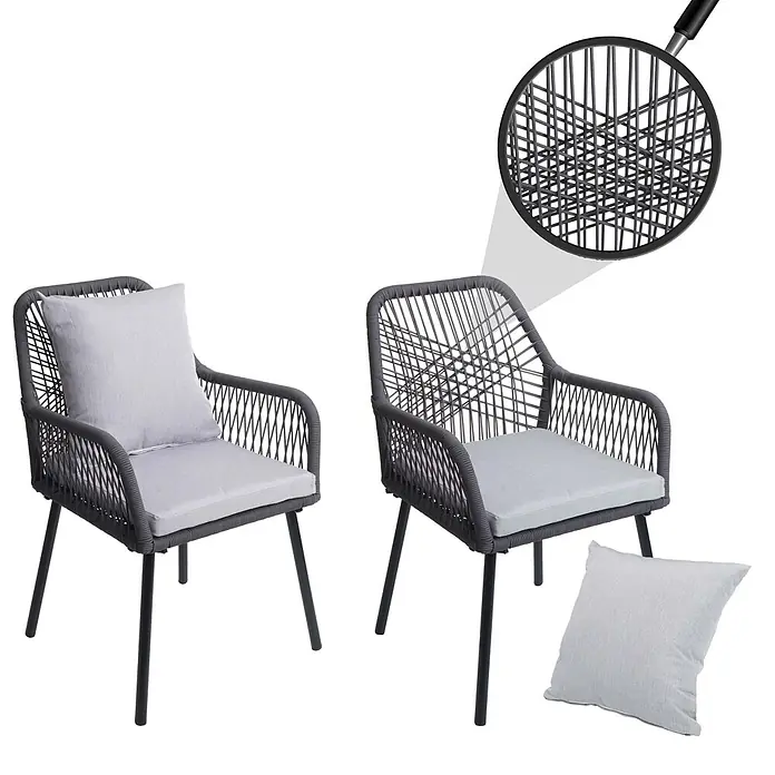 Proregal Gartenstuhl-Set - 2 Stk., Aluminium, Anthrazit - Zwei dunkelgraue geflochtene Outdoor-Stühle mit hellgrauen Kissen. Mit stabilen schwarzen Beinen.