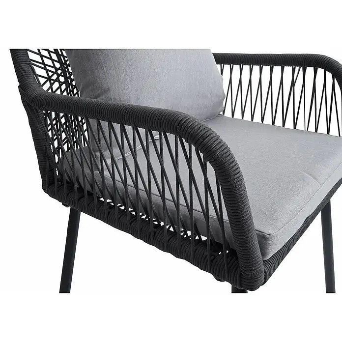 Proregal Gartenstuhl-Set - 2 Stk., Aluminium, Anthrazit - Dunkelgrauer Stuhl aus geflochtenem Seil mit hellgrauen Sitz- und Rückenkissen aus Stoff.