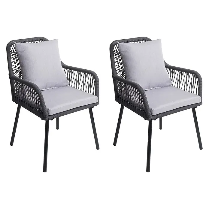 Proregal Gartenstuhl-Set - 2 Stk., Aluminium, Anthrazit - Zwei graue Gartenstühle mit geflochtenem Rahmen, hellgrauen Sitz- und Rückenkissen und schwarzen Metallbeinen.