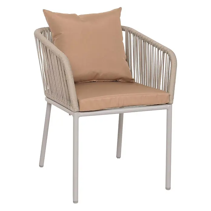 Proregal Gartenstuhl-Set - 2 Stk., Aluminium, Grau - Beigefarbener Outdoor-Sessel mit Seilgeflecht, Sitzkissen und hellgrauen Metallbeinen.