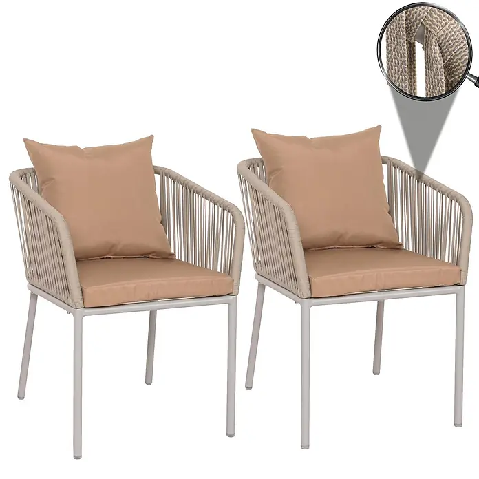 Proregal Gartenstuhl-Set - 2 Stk., Aluminium, Grau - Zwei hellbeige geflochtene Seil-Terrassenstühle mit hellbraunen Kissen und hellbeigen Metallrahmen.