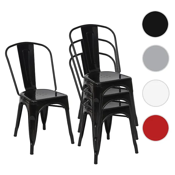 Chefgastro Gartenstuhl-Set - 4 Stk., Metall, Stapelbar, Weiß - Set schwarzer Metall-Industriestapelstühle, einer stehend, drei gestapelt.