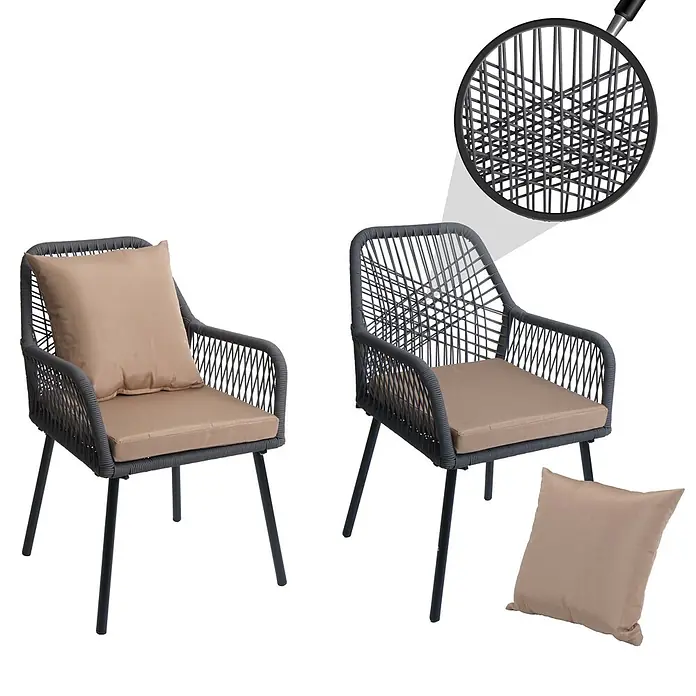 Proregal Gartenstuhl-Set - 2 Stk., Aluminium, Anthrazit - Zwei dunkelgraue geflochtene Terrassenstühle mit schwarzen Beinen und beigen Kissen, einer komplett und einer mit zusätzlichem Kissen an der Seite.