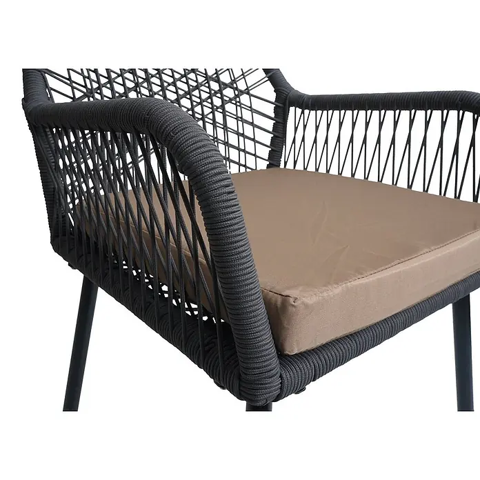 Proregal Gartenstuhl-Set - 2 Stk., Aluminium, Anthrazit - Stuhl mit dunkelgrauem geflochtenem Seilrahmen und beigem Sitzkissen.