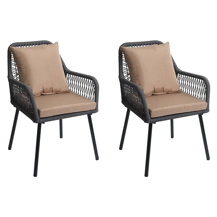 Proregal Gartenstuhl-Set - 2 Stk., Aluminium, Anthrazit - Zwei dunkelgraue Rattanstühle mit schwarzen Metallbeinen und beigen Sitz- und Rückenkissen, geeignet für den Innen- oder Außenbereich.