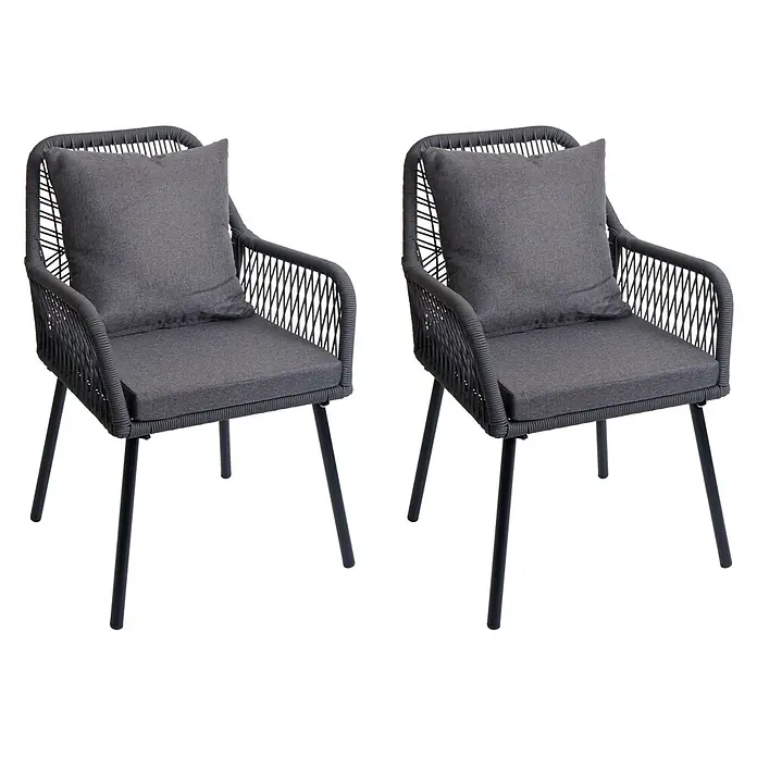 Proregal Gartenstuhl-Set - 2 Stk., Aluminium, Anthrazit, B x T x H: 54 x 62 x 81 cm - Ein Paar dunkelgrauer Outdoor-Stühle mit geflochtenen Seilrahmen, schwarzen Metallbeinen und dunkelgrauen Kissen.