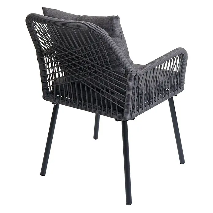 Proregal Gartenstuhl-Set - 2 Stk., Aluminium, Anthrazit, B x T x H: 54 x 62 x 81 cm - Dunkelgrauer Outdoor-Stuhl mit geflochtener Rückenlehne und Armlehnen aus Seil, schwarzen Metallbeinen und passenden Kissen.