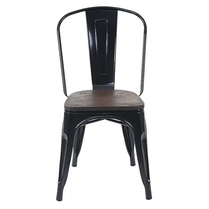 Chefgastro Gartenstuhl-Set - 2 Stk., Metall, Stapelbar, Schwarz, B x T x H: 45 x 52 x 85 cm - Ein schwarzer Metallstuhl im Tolix-Stil mit dunkler Holzplatte.