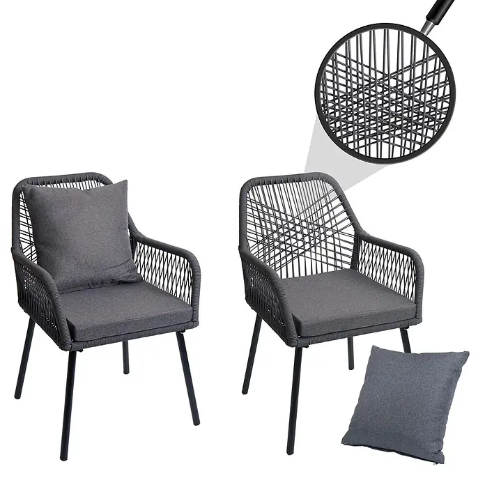 Proregal Gartenstuhl-Set - 2 Stk., Aluminium, Anthrazit, B x T x H: 54 x 62 x 81 cm - Zwei graue, geflochtene Gartenstühle mit Kissen und ein loses Kissen. Ein Detail zeigt das dichte Flechtmuster.