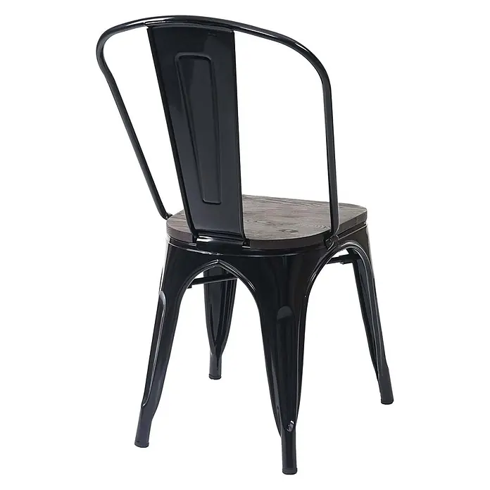 Chefgastro Gartenstuhl-Set - 2 Stk., Metall, Stapelbar, Schwarz, B x T x H: 45 x 52 x 85 cm - Schwarzer Metallstuhl im Industriestil mit dunkler Holzplatte, von hinten rechts gesehen.