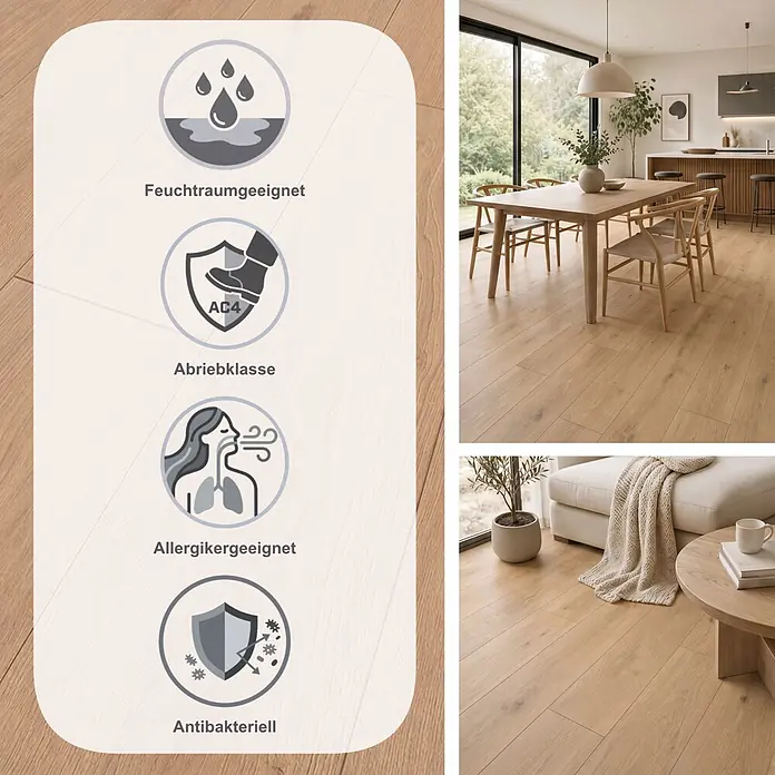 Krono Original Laminat Atlantic 8 - Smoked Montanara Oak, Landhausdiele, 1.288 x 195 x 8 mm - Heller Holzfußboden mit Feuchtraum-, AC4-Abrieb-, Allergiker- und Antibakteriell-Symbolen, in modernen Innenräumen.