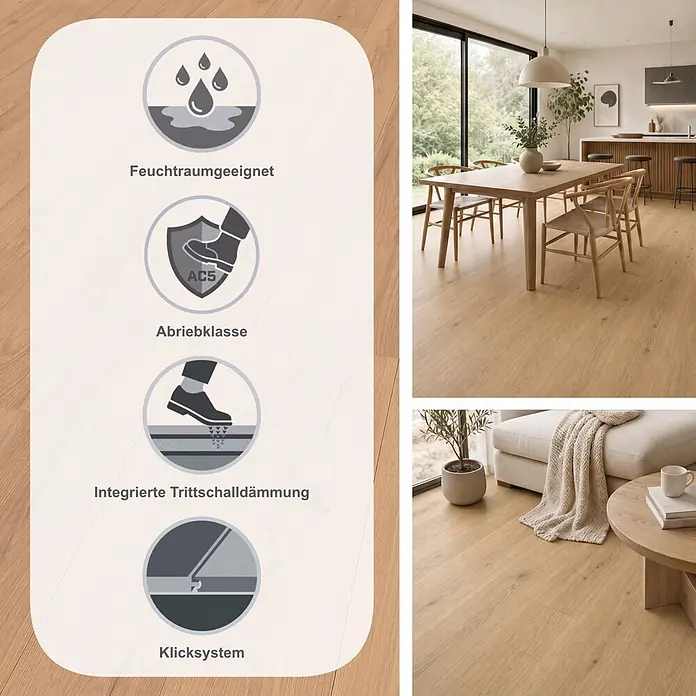 Krono Original Laminat Clever Silent Eco - Honey Ribera Oak, Landhausdiele, 1.288 x 195 x 7 mm - Helles Laminat in Holzoptik, verlegt in einem modernen Ess- und Wohnbereich. Es ist feuchtigkeitsbeständig, abriebfest, allergikerfreundlich und antibakteriell.