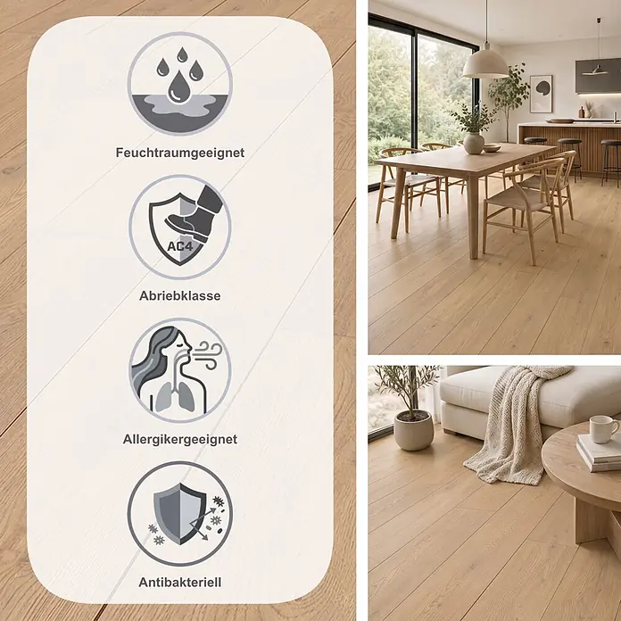 Krono Original Laminat Atlantic 8 - Antique Parioli Oak, Landhausdiele, 1.288 x 195 x 8 mm - Heller Laminatboden in Ess- und Wohnzimmern, mit Feuchtraumeignung, Abriebklasse AC4, Allergikerfreundlichkeit und antibakteriellen Eigenschaften.