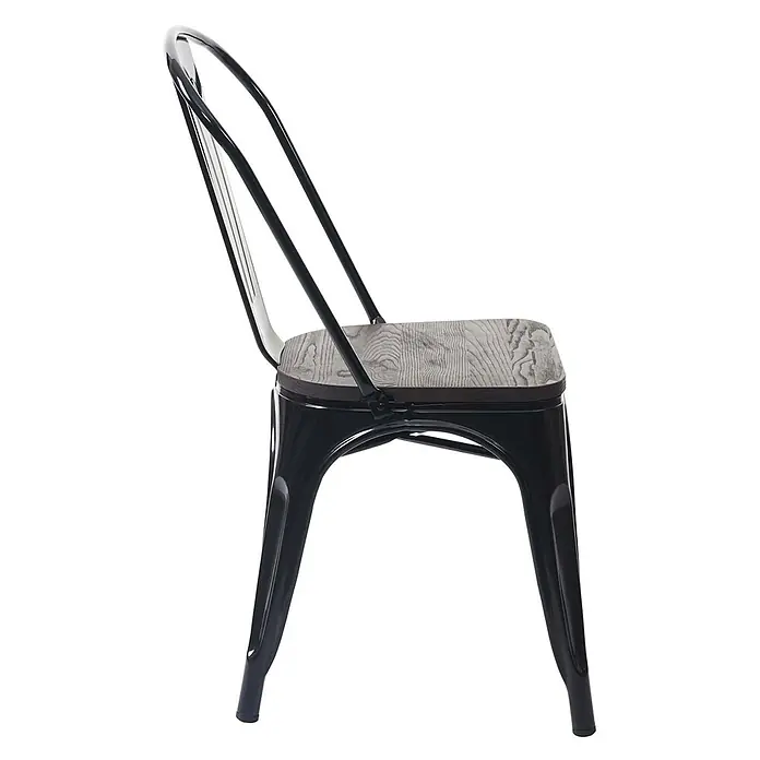 Chefgastro Gartenstuhl-Set - 2 Stk., Metall, Stapelbar, Schwarz, B x T x H: 45 x 52 x 85 cm - Schwarzer Metall-Industriestuhl mit einer Holzplatte im Used-Look, von der Seite gesehen.
