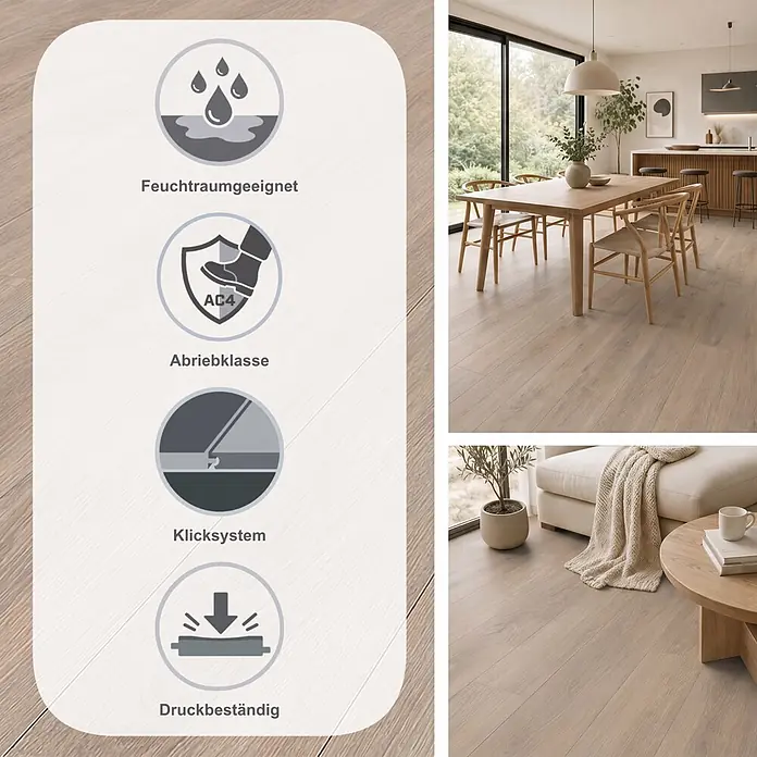 Krono Original Laminat Atlantic 8 - 1.288 x 195 x 8 mm, Greige Palais Oak, AC4, Druckbeständig - Heller Holzoptikboden: Feuchtraum, Abrieb AC4, Allergikerfreundlich, antibakteriell. In modernen Innenräumen gezeigt.
