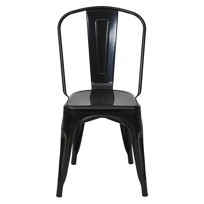 Chefgastro Gartenstuhl-Set - 2 Stk., Metall, Stapelbar, Schwarz - Vorderansicht eines eleganten, schwarzen Industriestuhls aus Metall mit gebogener Rückenlehne und konischen Beinen.