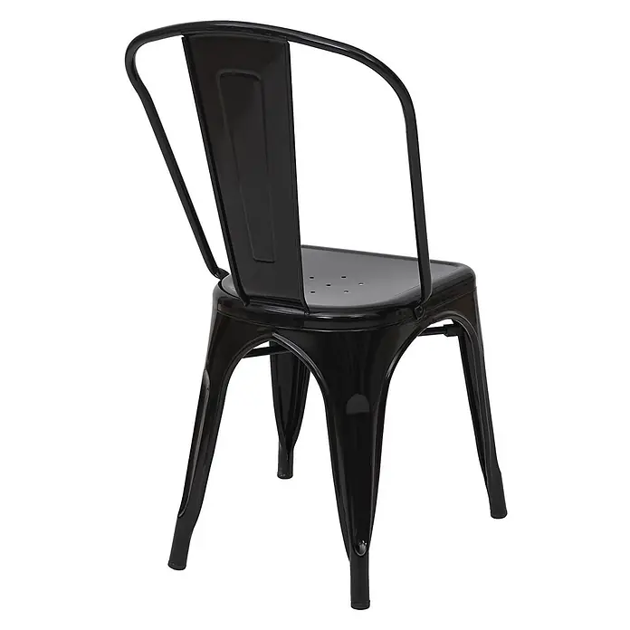 Chefgastro Gartenstuhl-Set - 2 Stk., Metall, Stapelbar, Schwarz - Schwarzer glänzender Metallstuhl im Industriestil, von hinten gesehen.
