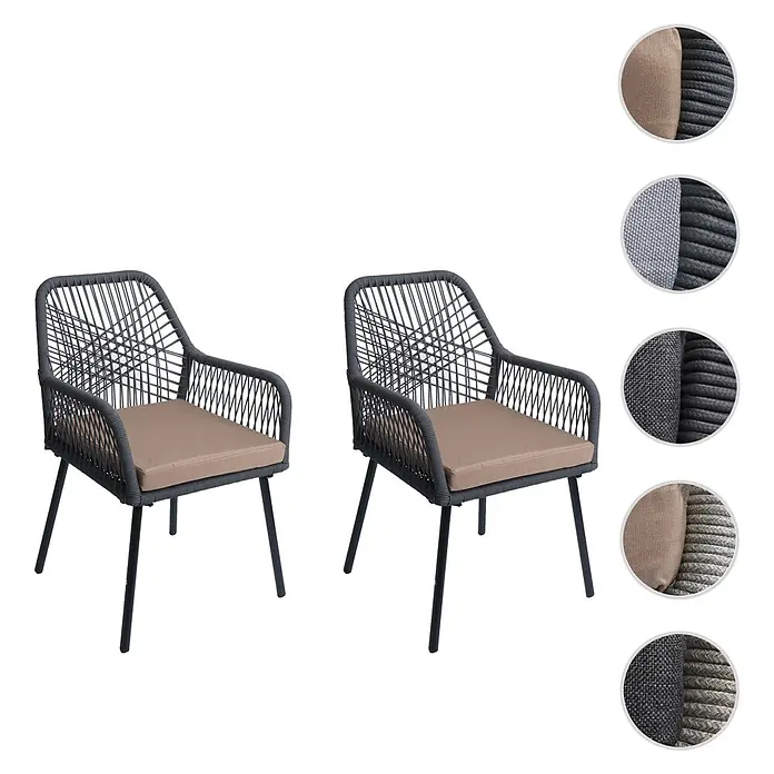 Proregal Gartenstuhl-Set - 2 Stk., Aluminium, Anthrazit - Zwei dunkelgraue Outdoor-Stühle aus geflochtenem Seil mit beigen Kissen und schwarzen Metallbeinen.