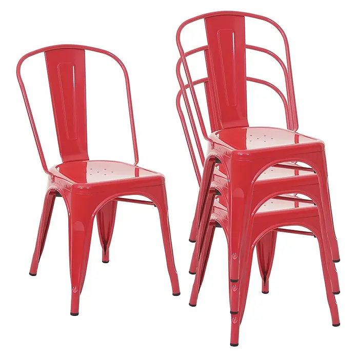 Chefgastro Gartenstuhl-Set - 4 Stk., Metall, Stapelbar, Rot - Rote Metallstühle im Industriestil; einer steht, drei sind gestapelt, was ihr stapelbares Design zeigt.