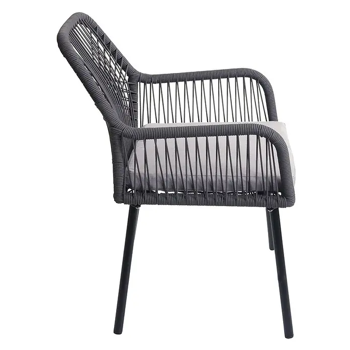 Proregal Gartenstuhl-Set - 2 Stk., Aluminium, Anthrazit - Dunkelgrauer geflochtener Outdoor-Sessel mit hellgrauem Kissen und schwarzen Beinen.