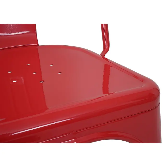 Chefgastro Gartenstuhl-Set - 4 Stk., Metall, Stapelbar, Rot - Nahaufnahme eines glänzenden roten Metallstuhl-Sitzes mit Lüftungslöchern.
