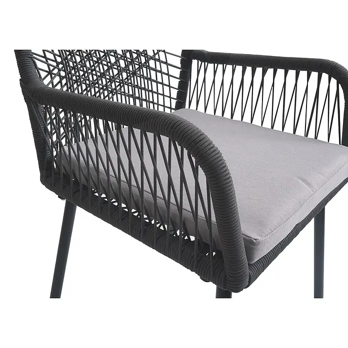 Proregal Gartenstuhl-Set - 2 Stk., Aluminium, Anthrazit - Nahaufnahme einer dunkelgrauen geflochtenen Seil-Stuhllehne und hellgrauen Sitzauflage.